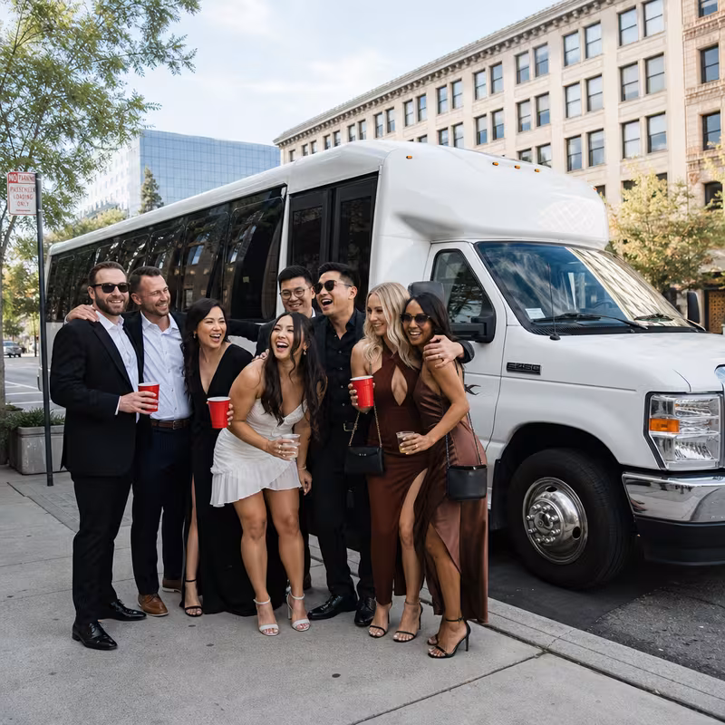 Black Mercedes Sprinter van staged for an Sacramento Bachelor & Bachelorette Transportation group