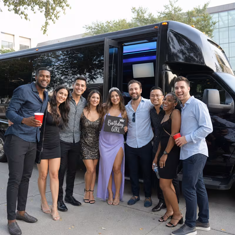 Party bus interior with wraparound leather seating and LED lighting in Sacramento