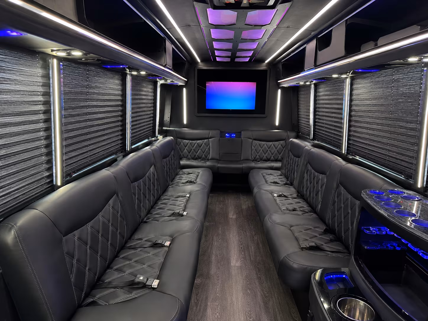 Interior of a party bus rental serving Sacramento