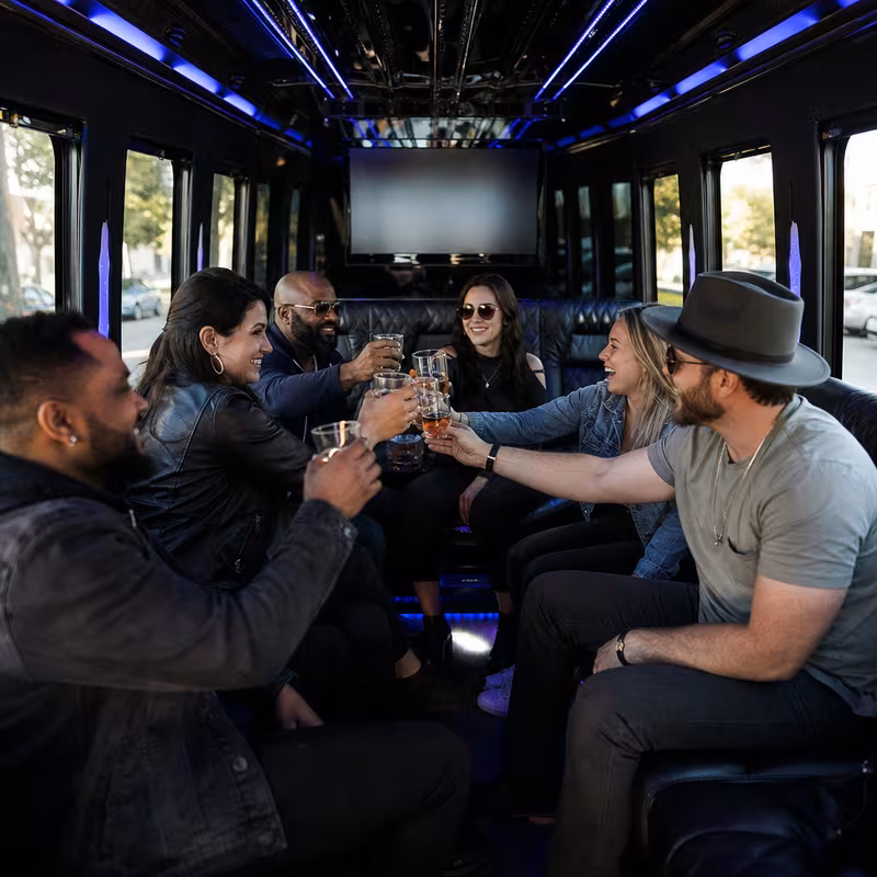 Group boarding a white charter bus for Winery & Brewery Tour Transportation transportation in Sacramento